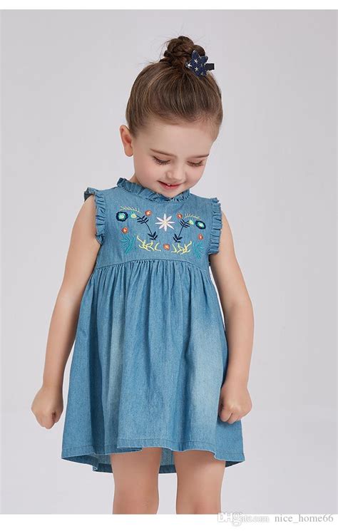 2021 Summer Cute Baby Girl Dresses Kids Girls Flower Embroidered Denim Dress Children Summer