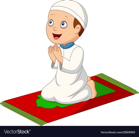 Cartoon Muslim Boy Praying On Prayer Rug Vector Image