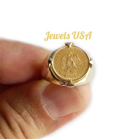 1945 Dos Pesos Genuine Gold Coin Ring 14k Real Yellow Gold Ring Stars