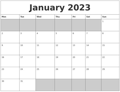 January 2023 Blank Printable Calendar