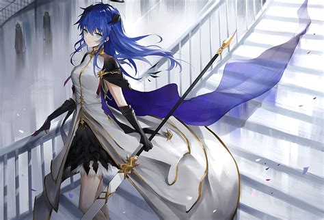 Mostima Arknights Stairs Spear Blue Hair Cape Gloves Anime Games