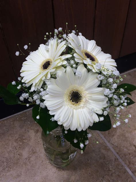 White Gerbera Daisy Bouquet With Babys Breath And Greens By