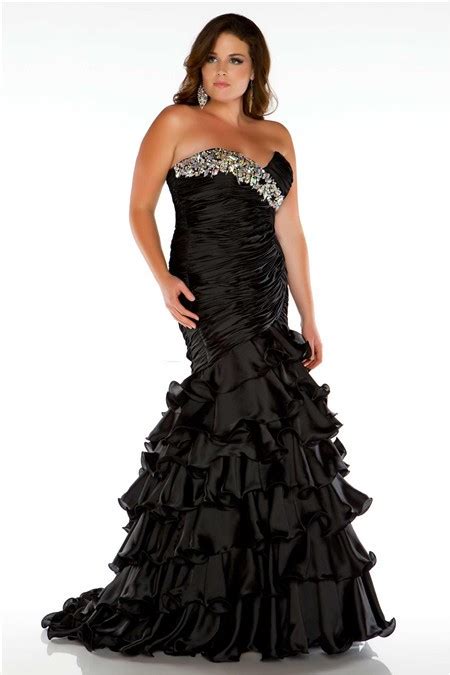 Formal Mermaid Strapless Long Black Ruffles Beaded Plus Size Evening