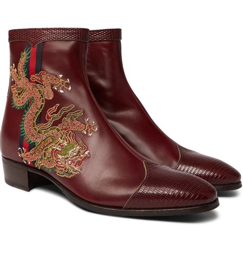 Gucci Webbing Trimmed Embroidered Leather Chelsea Boots Men Red Gucci