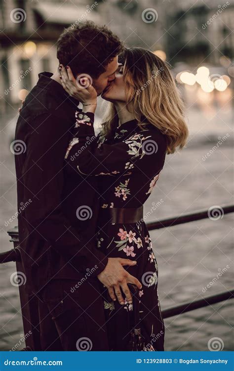 Close Up Of A Romantic Couple Kissing Handsome Bearded Man Kiss Stock Image Image Of Happy