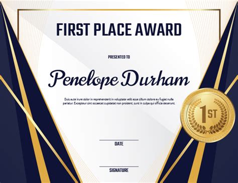 Printable First Place Medal Award Certificate Template