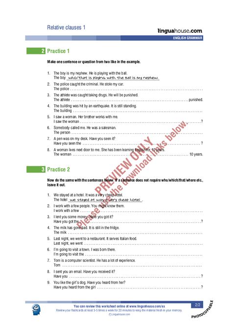 Sometimes you need a defining relative clause (i.e. Relative clauses 1: Worksheet Preview - Linguahouse.com