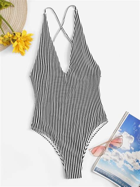 Criss Cross Striped Backless One Piece Swimsuit SHEIN Backless One Piece Swimsuit Piece