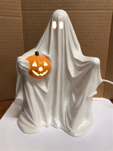 Ceramic White Ghost With Pumpkin Lights Up Halloween Decor New Etsy