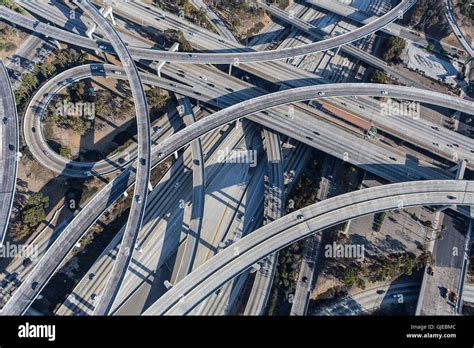Aerial Of Los Angeles 110 And 105 Freeway Interchange Ramps And Bridges
