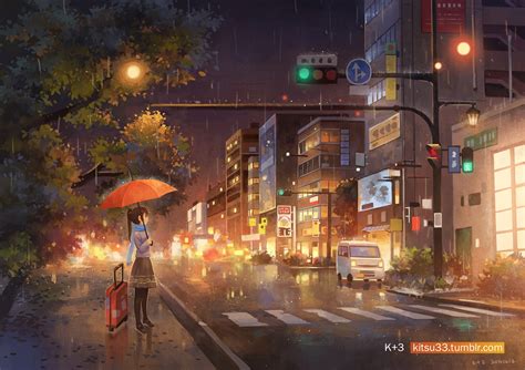 Download 3840x2160 Anime Girl Raining Artwork Night Lights Road