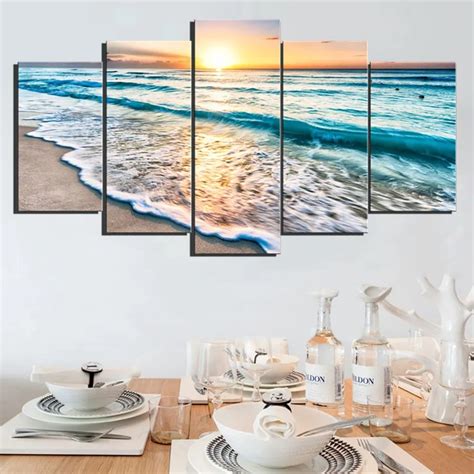 日没とビーチの海の波の風景壁画アート印刷されたキャンバスリビングルームの装飾宅配beach Canvas Printart