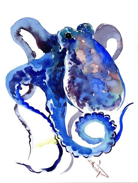 Octopus Watercolor Original Painting Blue Octopus Artwork In 2020
