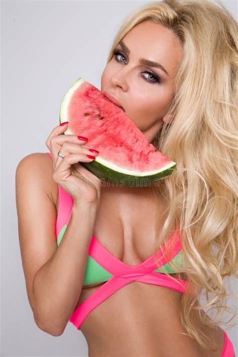 Beautiful Female Model With Long Blond Hair Holding A Watermelon Stock Image Image Of