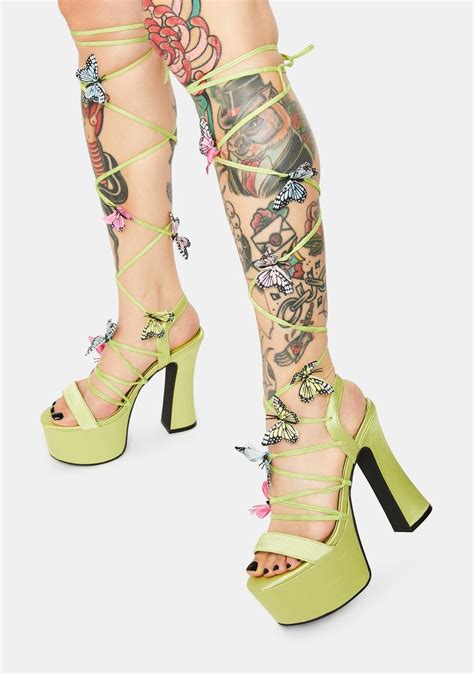 sugar thrillz lace up wrap butterfly platform heels green multi dolls kill