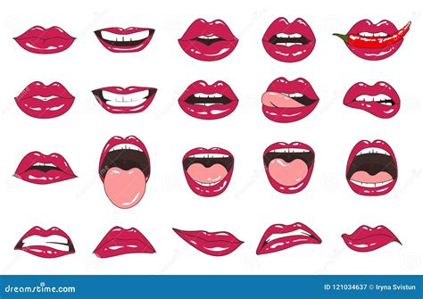 Lips Patch Collection Vector Illustration Of Doodle Woman Lips Expressing Different Emotions
