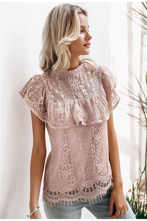 o neck lace hollow out women blouse shirt embroidery ruffle summer top lace blouse outfit