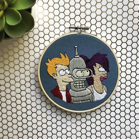 Futurama Hand Stitched Embroidery Bender Fry And Leela 💙 Hand Embroidery Stitches Hand