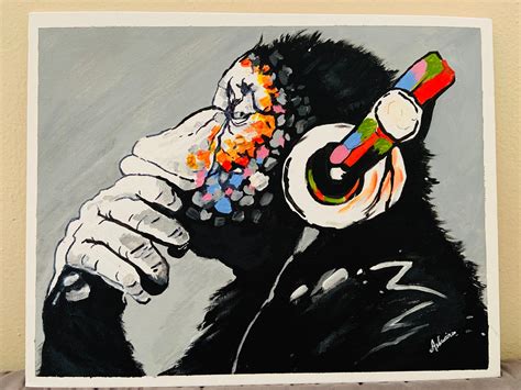 Vinyl Street Dj Banksys Thinking Monkey With Headphone Etsy