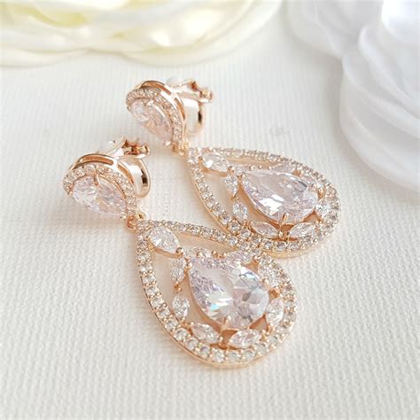 Wedding Rose Gold Clip On Earrings Crystal Bridal Earrings Gold