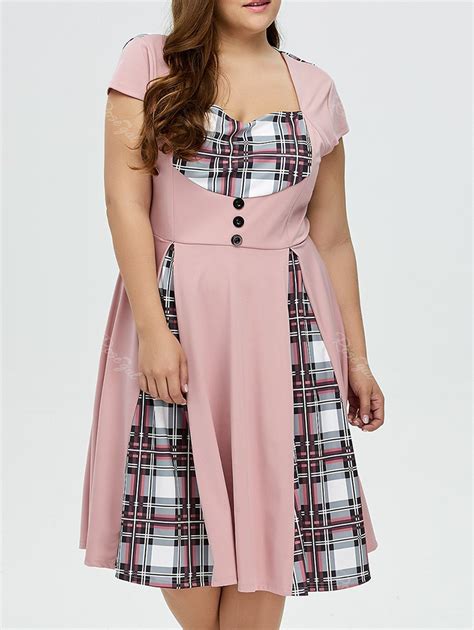 48 Off Plus Size Checked Midi Pin Up Dress With Sleeve Rosegal