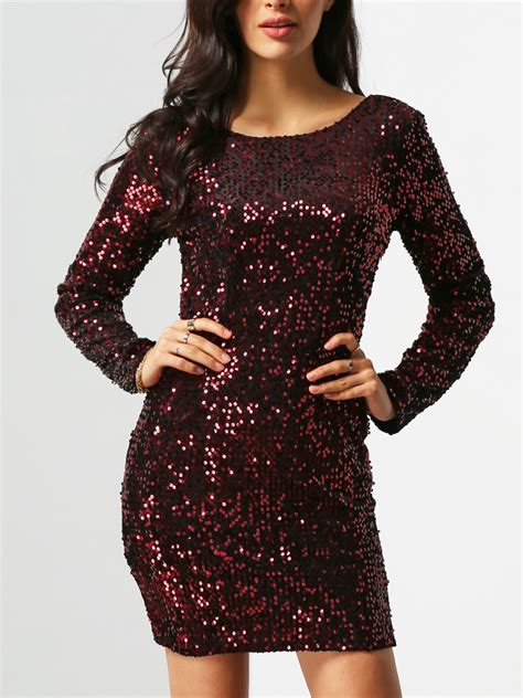 Wine Red Long Sleeve Sequined Backless Dress