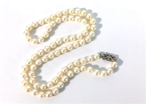 Vintage Pearl Necklace W K White Gold Clasp Long Mid Century
