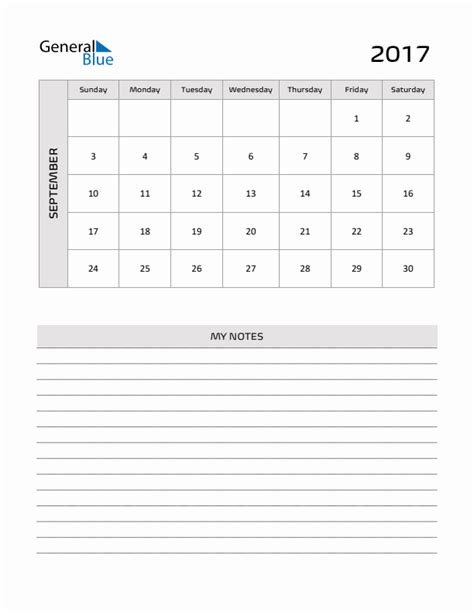 September 2017 Monthly Calendar Pdf Word Excel