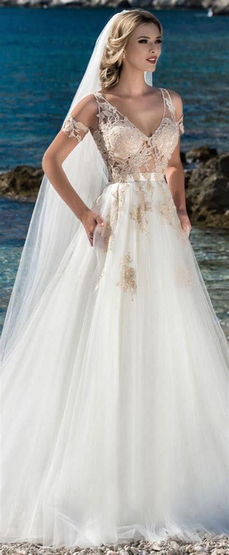 marvelous tulle v neck neckline see through bodice a line wedding dress with lace appliques