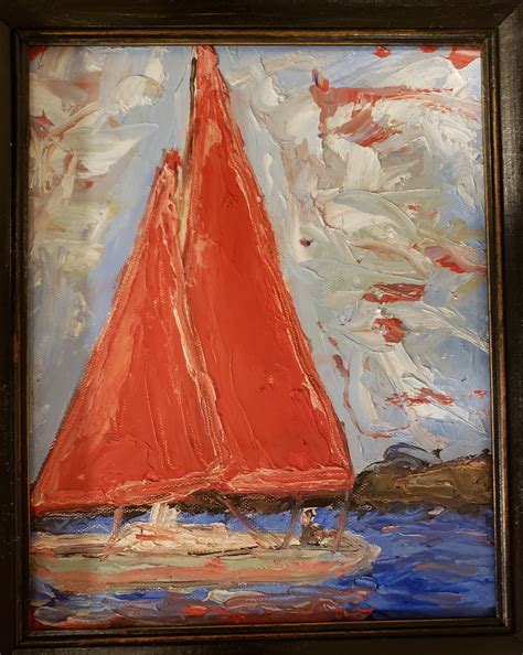 Red Sail Boat Original Impasto Oil Painting 2019 8 X 10 Painting