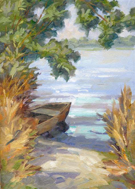 Tom Brown Fine Art Secluded Boat On Lake 12x16 Inch