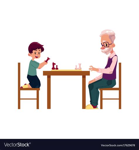 Grandfather Playing Chess With His Grandson Boy Vector Image