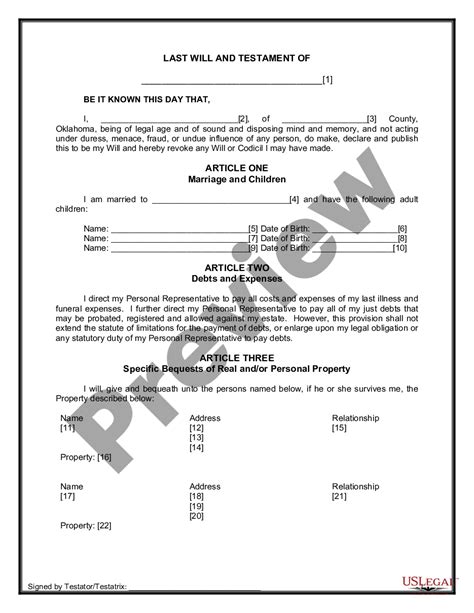 Oklahoma Legal Last Will And Testament Form For Married Person With