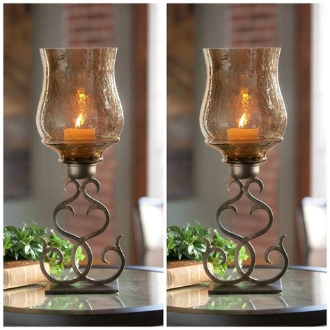 Two New 23 Aged Bronze Forged Metal Pillar Candle Holders Brown Glass Globes Candle Holders