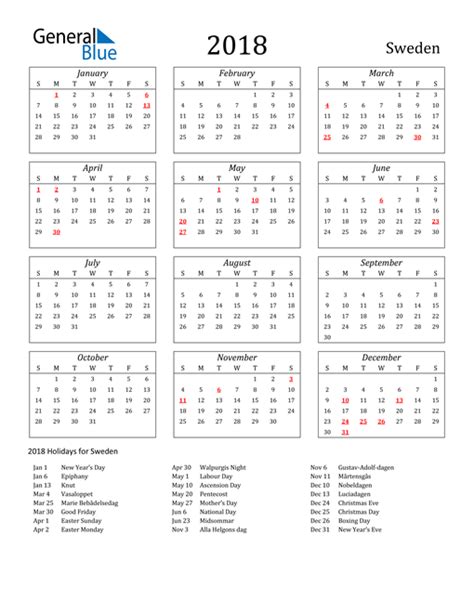 2018 Sweden Calendar With Holidays