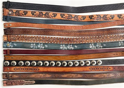 Tooled Leather Belt Strap Vintage Snap On Detachable Brown Black