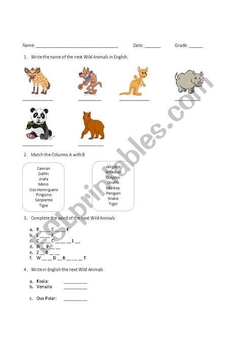 Quiz Wild Animals - ESL worksheet by josh05248