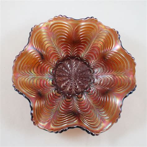 Antique Fenton Peacock Tail Amethyst Carnival Glass Ruffled Bowl