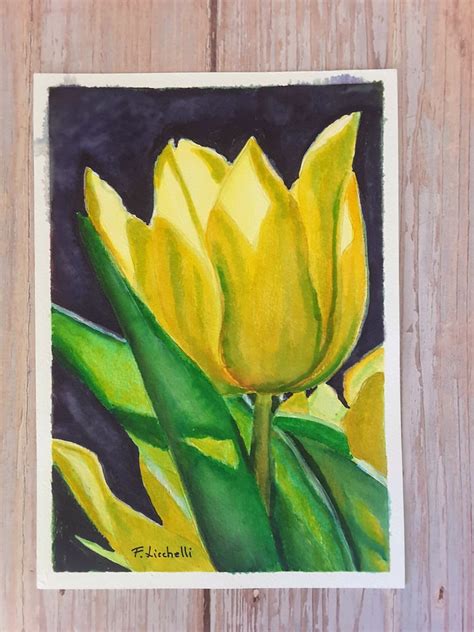 Yellow Tulip Watercolor Original Tulip Painting Yellow T Art