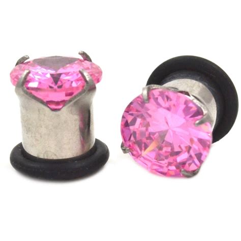 Prong Set Pink Cz Gem Single Flared Plugs 10g 00g