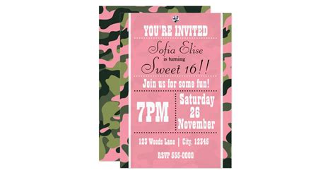 camo camouflage and pink birthday party invitation zazzle