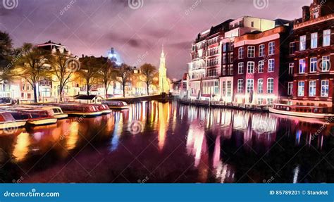 Mooie Kalme Nachtmening Van De Stad Van Amsterdam De Werkzaamheden In