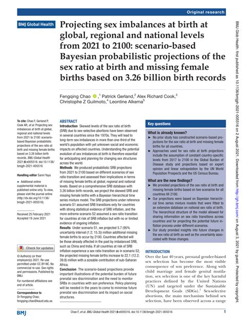 Pdf Projecting Sex Imbalances At Birth At Global Regional And National Levels From 2021 To
