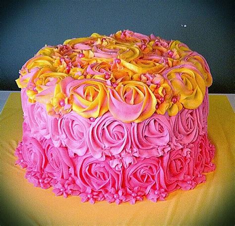 Pink And Yellow Ombre Rosette Cake Birthday Ideas Birthday Parties