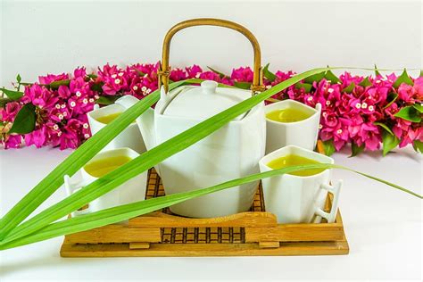 Hd Wallpaper White Ceramic 5 Piece Tea Set Placed On Beige Wooden Tray