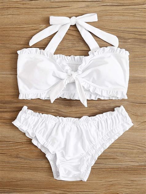 Frill Trim Tie Front White Bandeau Swimsuit With Bikini Bottom