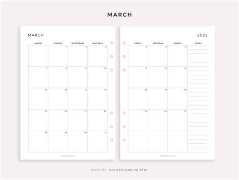 2022 monthly calendar on two pages with notes printable etsy