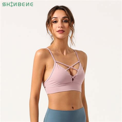 Shinbene Sexy Deep V Neck Fitness Sport Bras Tops Women Wireless Padded Push Up Workout Exercise