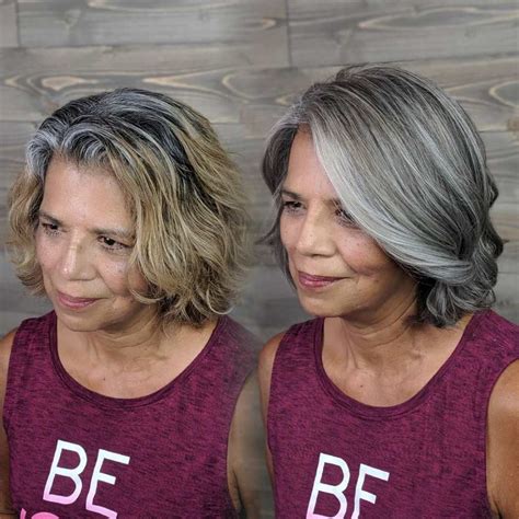 5 Ideas For Blending Gray Hair With Highlights And Lowlights Brown Hair Pictures Gray Hair