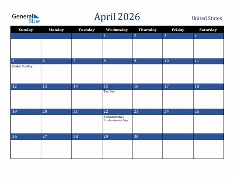April 2026 Monthly Calendar With United States Holidays